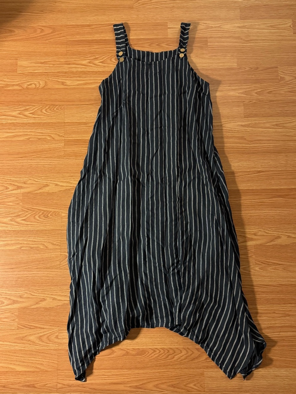 Vasna Italy 100% Linen Midi Dress Asymmetrical Hem Navy White Stripe Button Sz S